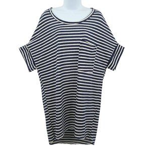 Umgee Cuff Sleeve Pocket Tee Womens Size S Heathered Navy White Striped Tee NEW